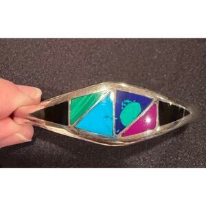 Taxco Mexico 925 Hinged Bangle with natural stones onyx, lapis, and turquoise